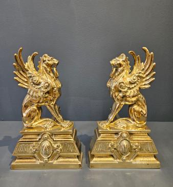Pair of Victorian Brass Griffin Fire Dogs - Image