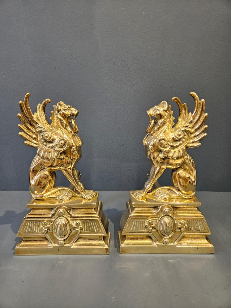 Pair of Victorian Brass Griffin Fire Dogs - Image 1