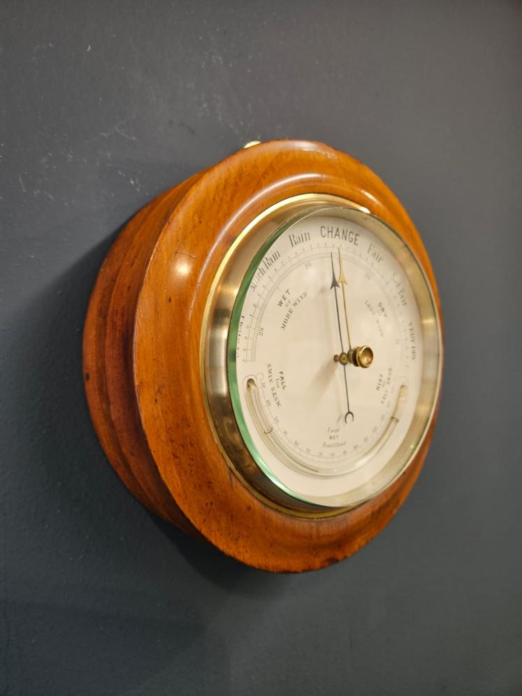 Victorian Turned Walnut Cased Aneroid Barometer with Crescent Thermometer - Image 7
