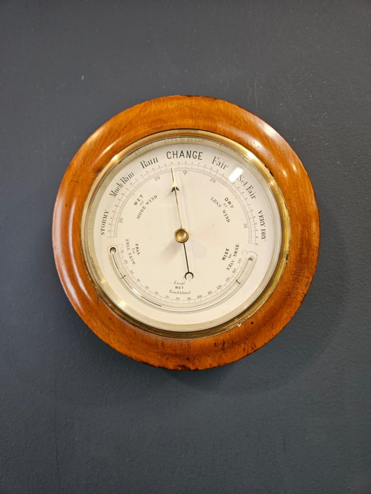 Victorian Turned Walnut Cased Aneroid Barometer with Crescent Thermometer - Image 6