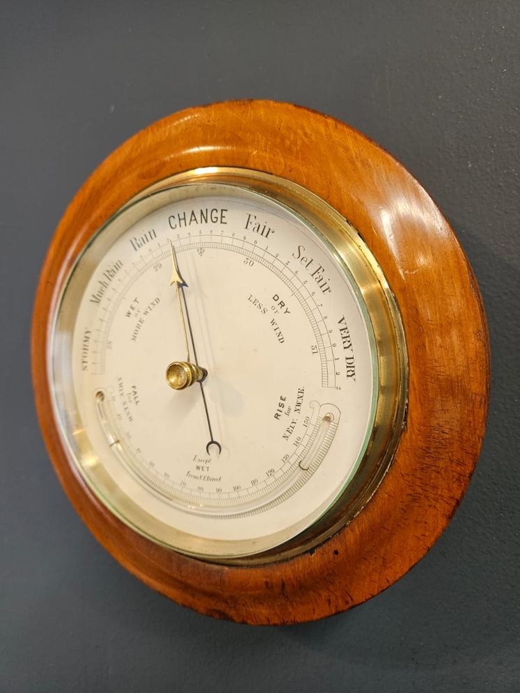 Victorian Turned Walnut Cased Aneroid Barometer with Crescent Thermometer - Image 5