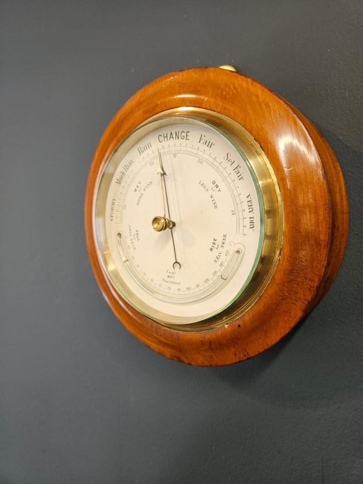 Victorian Turned Walnut Cased Aneroid Barometer with Crescent Thermometer - Image 4