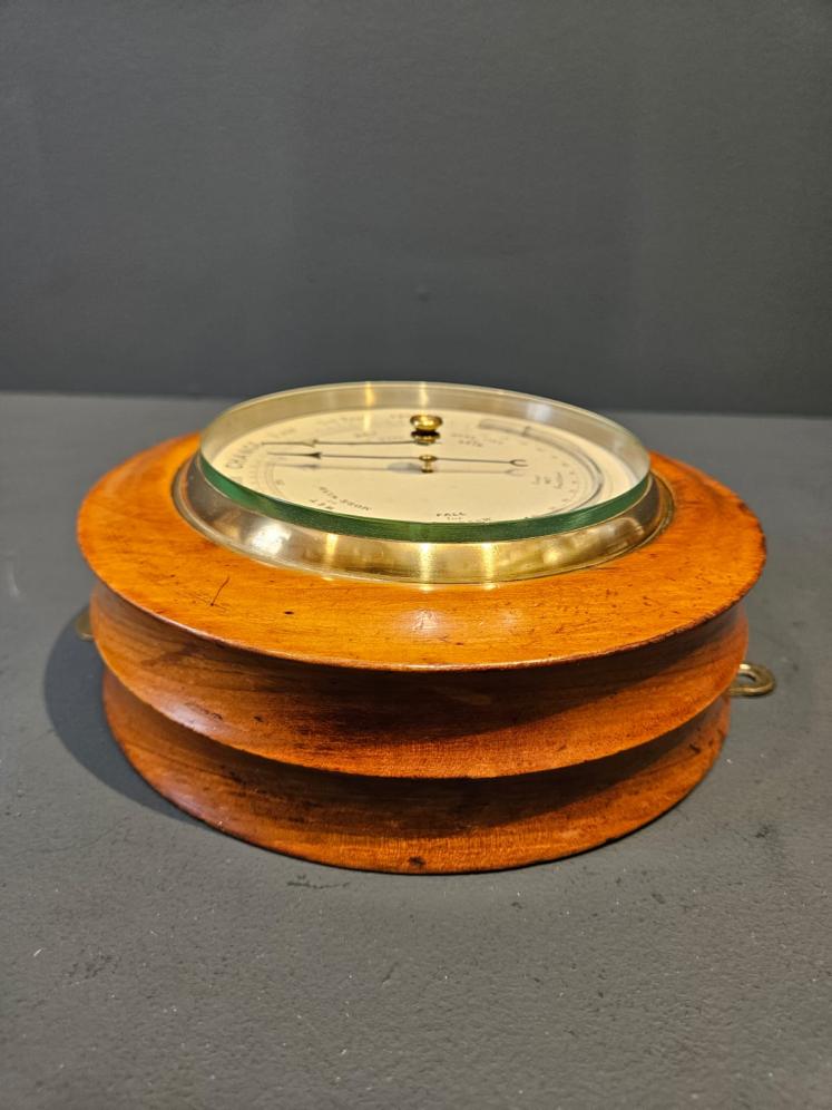 Victorian Turned Walnut Cased Aneroid Barometer with Crescent Thermometer - Image 2