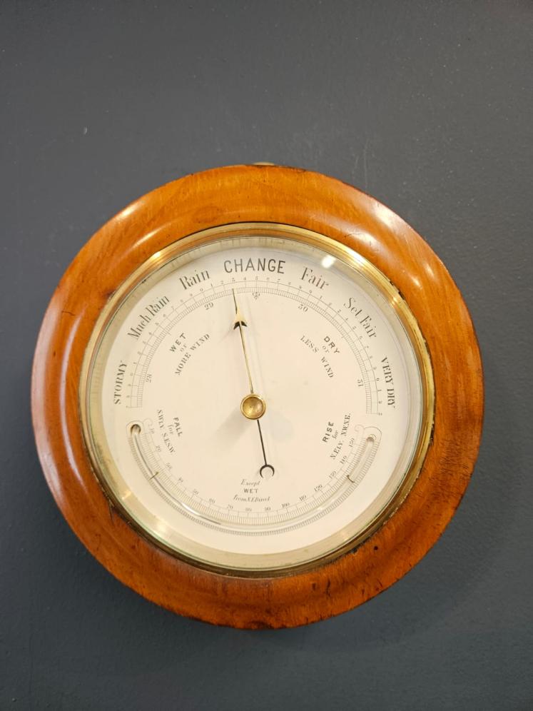 Victorian Turned Walnut Cased Aneroid Barometer with Crescent Thermometer - Image 1