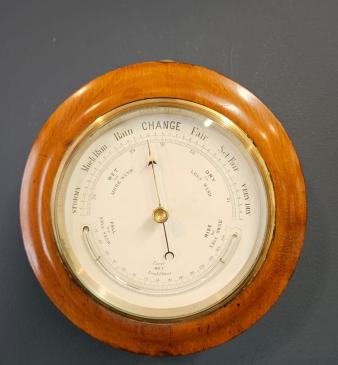Victorian Turned Walnut Cased Aneroid Barometer with Crescent Thermometer