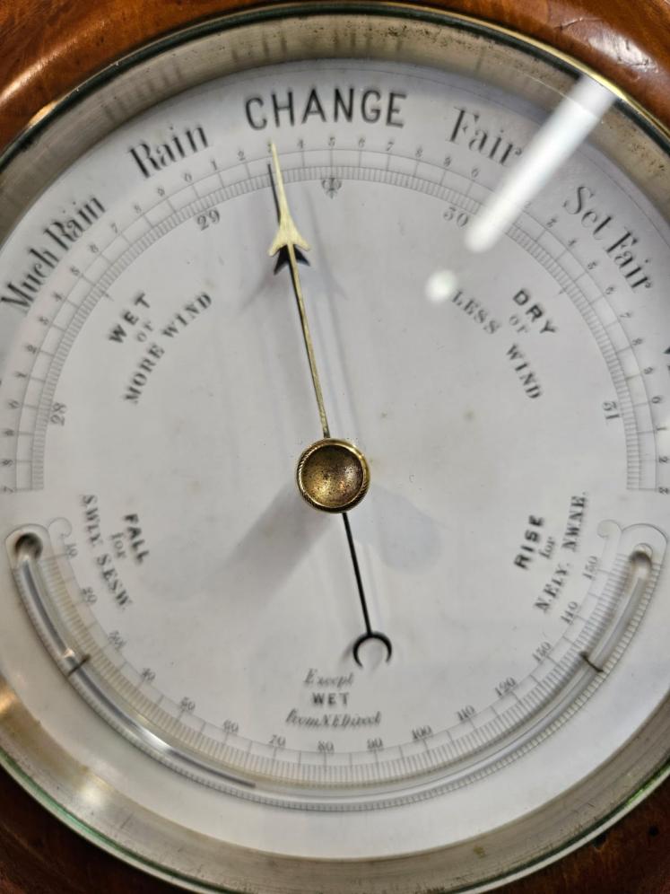 Victorian Turned Walnut Cased Aneroid Barometer with Crescent Thermometer - Image 3