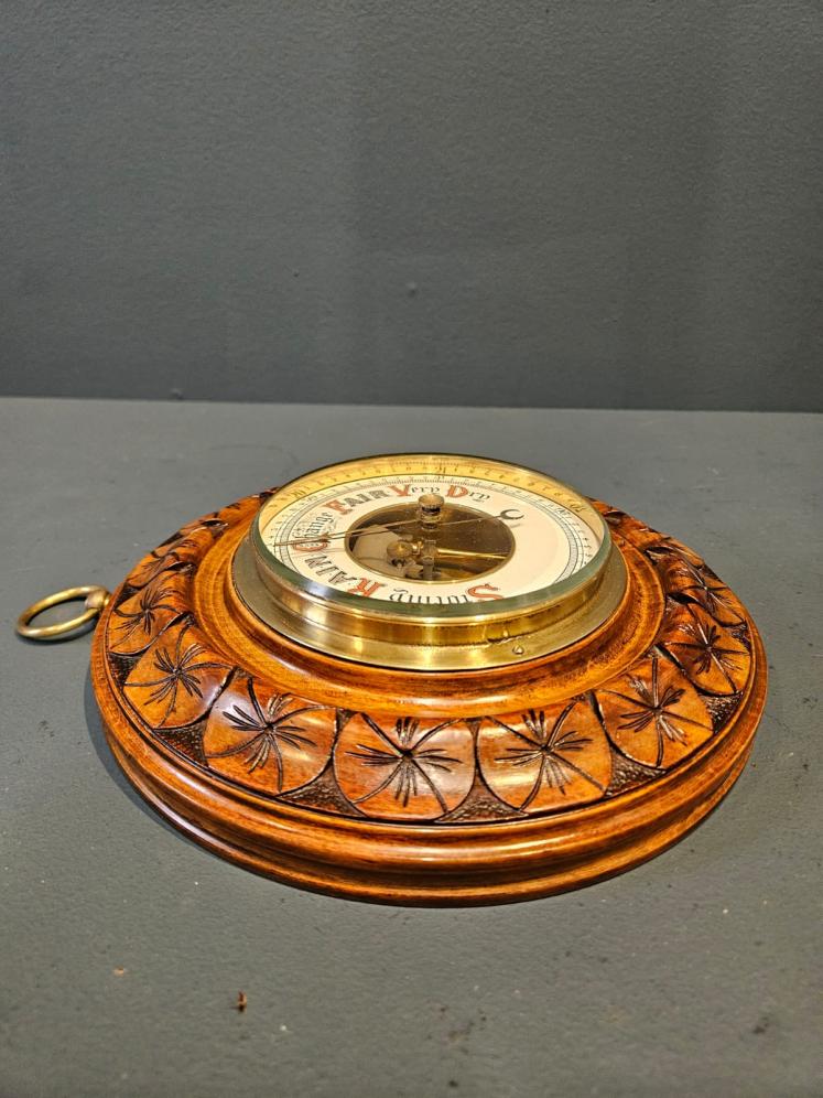 Victorian Walnut Aneriod Barometer with Flower Head Border - Image 6