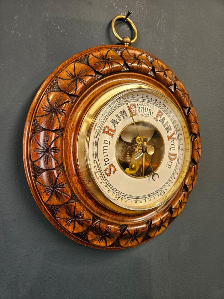 Victorian Walnut Aneriod Barometer with Flower Head Border - Image 3