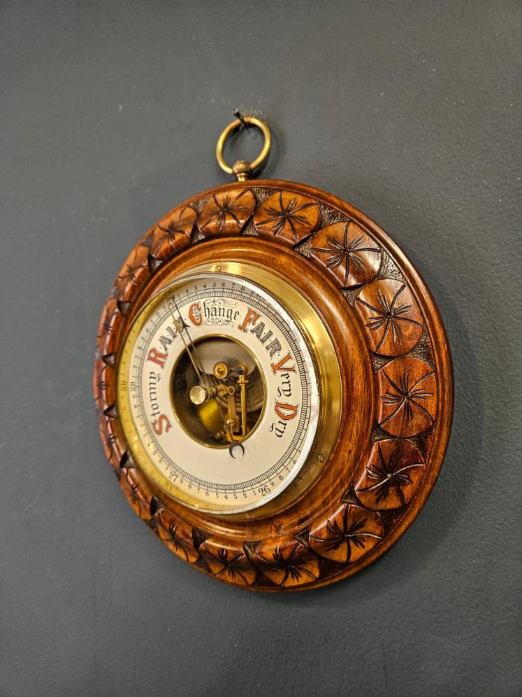 Victorian Walnut Aneriod Barometer with Flower Head Border - Image 2