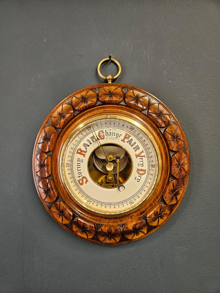 Victorian Walnut Aneriod Barometer with Flower Head Border - Image 1