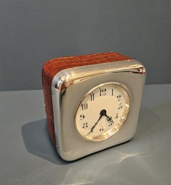 Superb Edwardian Silver and Crocodile Skin Clock - Image