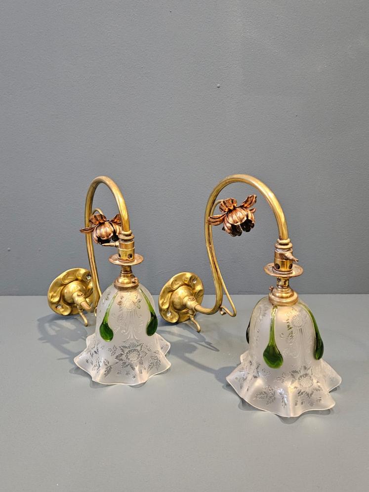 Pair of Art Nouveau Brass and Copper Wall Lights and Shades - Image 2
