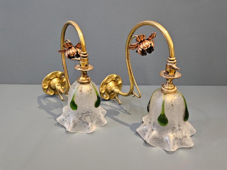 Pair of Art Nouveau Brass and Copper Wall Lights and Shades - Image 1