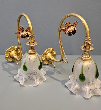 Pair of Art Nouveau Brass and Copper Wall Lights and Shades