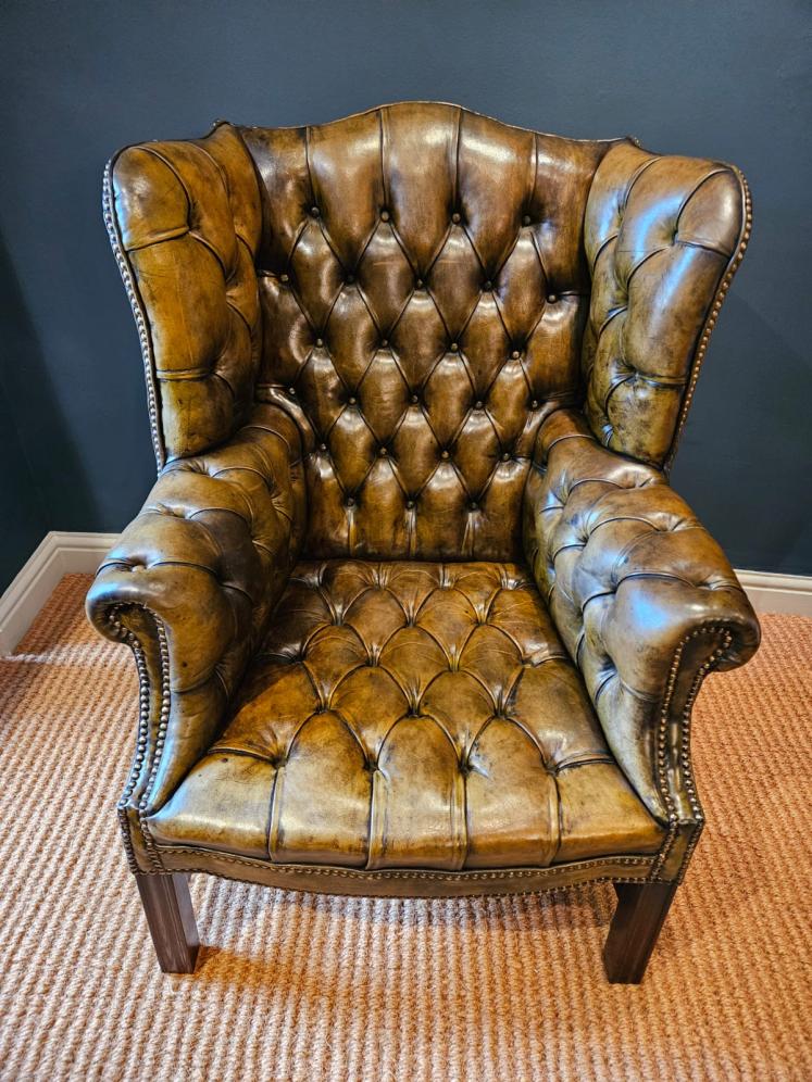 Matching Pair of 1930's Leather Wing Back Arm Chairs - Image 6
