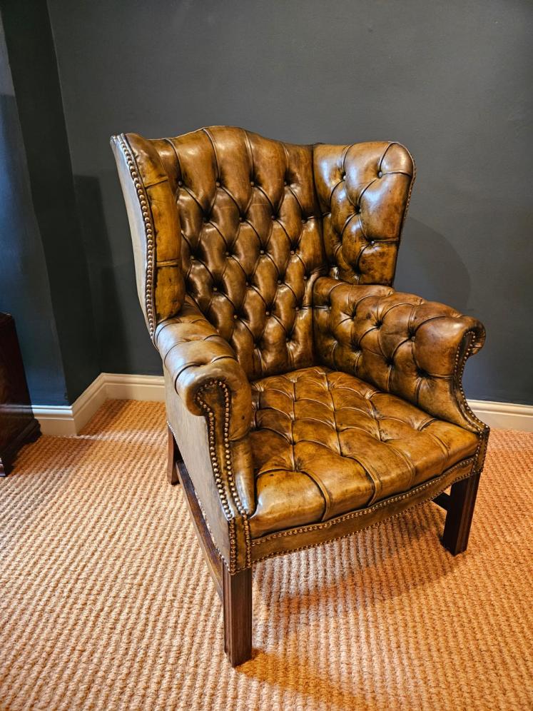 Matching Pair of 1930's Leather Wing Back Arm Chairs - Image 4