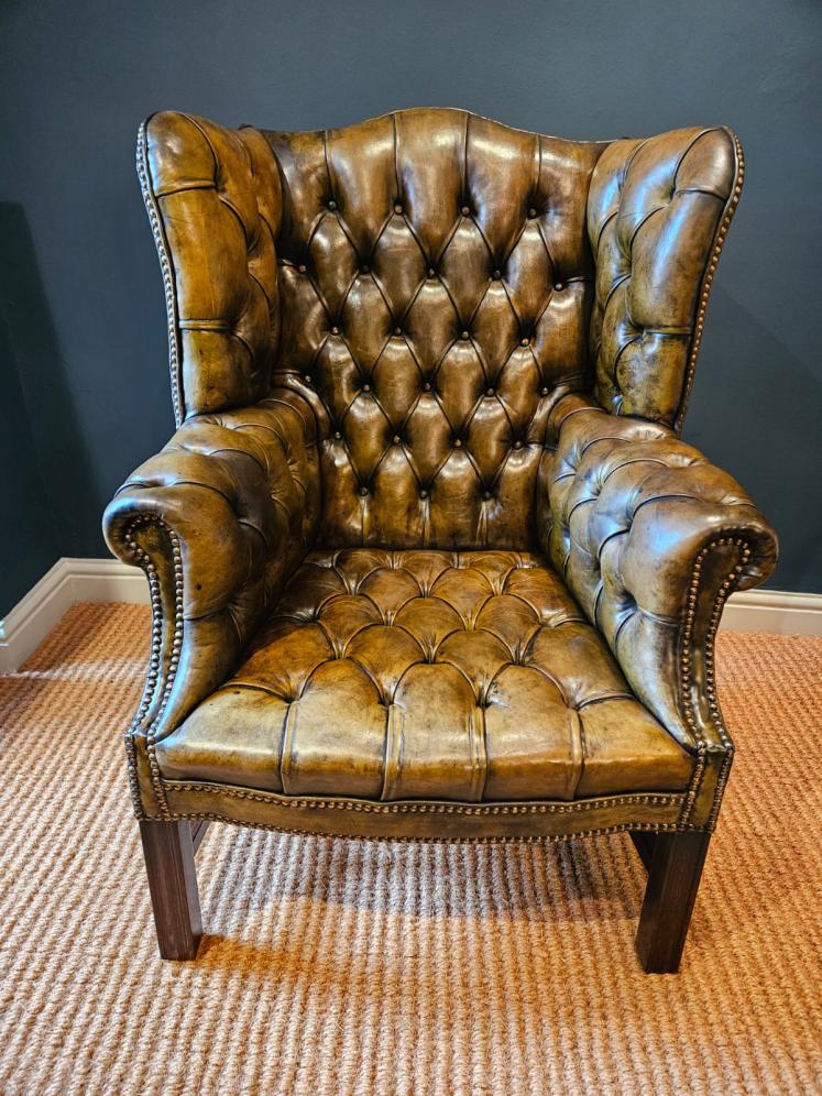 Matching Pair of 1930's Leather Wing Back Arm Chairs - Image 3