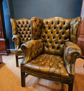 Matching Pair of 1930's Leather Wing Back Arm Chairs - Image