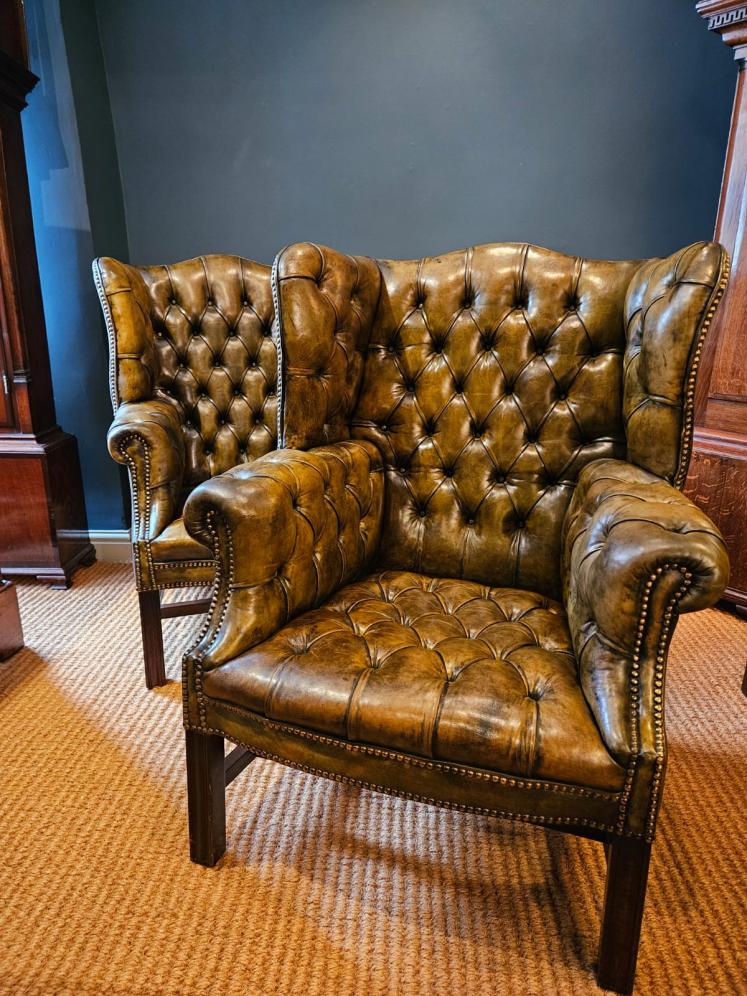 Matching Pair of 1930's Leather Wing Back Arm Chairs - Image 1