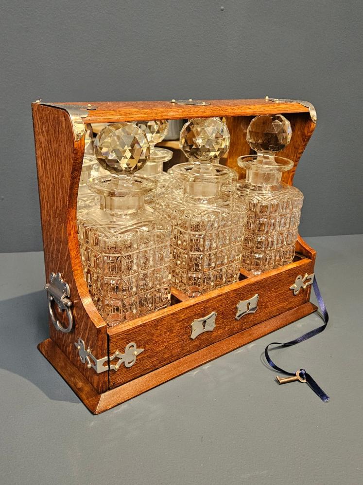 Victorian Oak and Silver Plated Three Bottle Tantalus  - Image 8