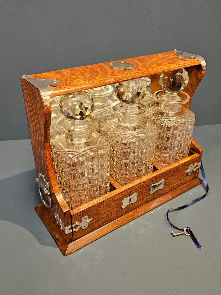 Victorian Oak and Silver Plated Three Bottle Tantalus  - Image 1