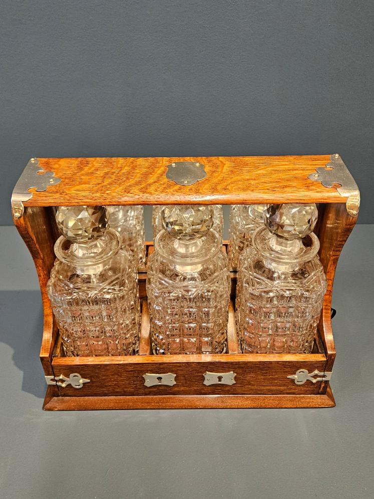 Victorian Oak and Silver Plated Three Bottle Tantalus  - Image 7