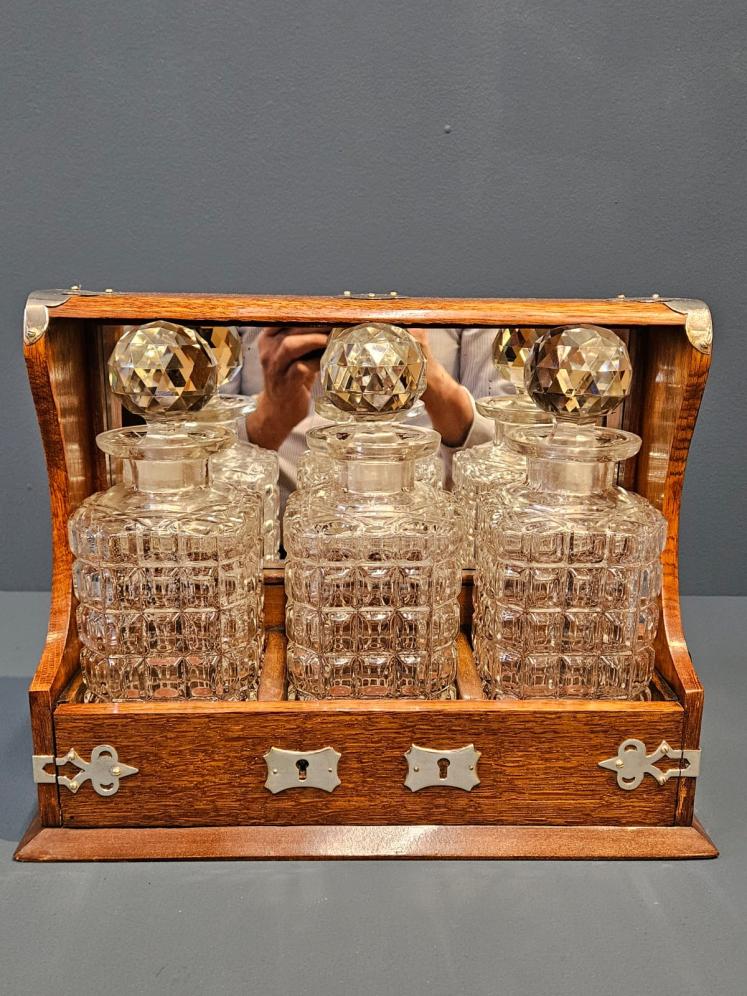 Victorian Oak and Silver Plated Three Bottle Tantalus  - Image 2