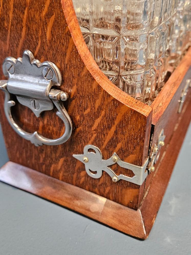 Victorian Oak and Silver Plated Three Bottle Tantalus  - Image 3