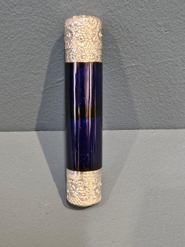 Victorian Bristol Blue and Silver Scent and Salts Bottle - Image 1