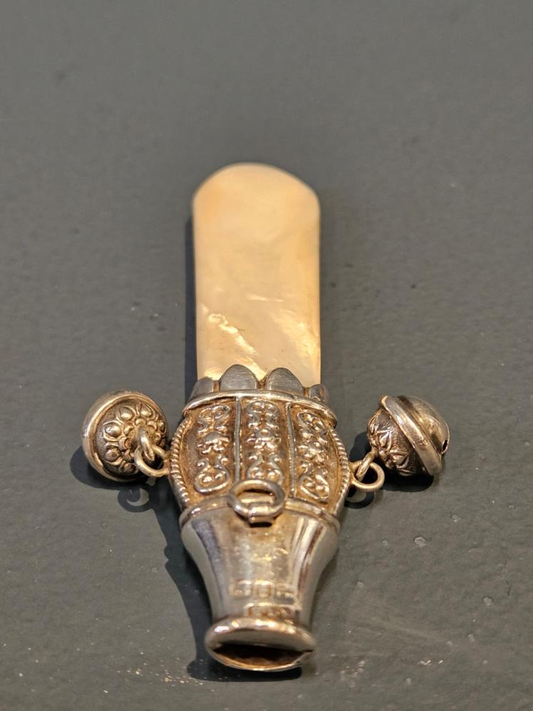 Victorian Silver and Mother of Pearl Soother, Whistle and Rattle - Image 2