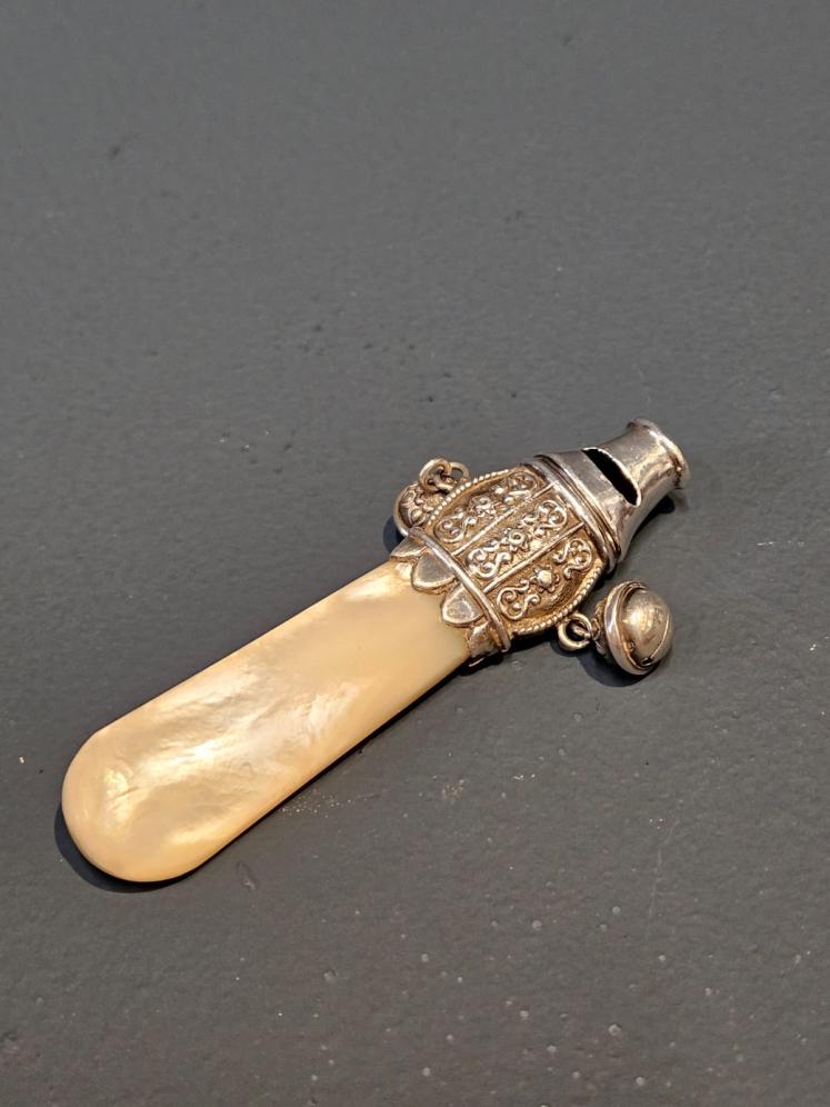 Victorian Silver and Mother of Pearl Soother, Whistle and Rattle - Image 1