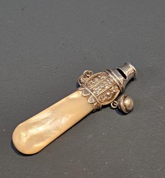 Victorian Silver and Mother of Pearl Soother, Whistle and Rattle