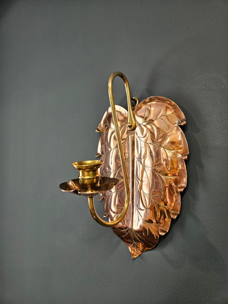 Matching Pair of Art Nouveau Copper and Brass Wall Sconces - Image 2