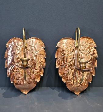 Matching Pair of Art Nouveau Copper and Brass Wall Sconces