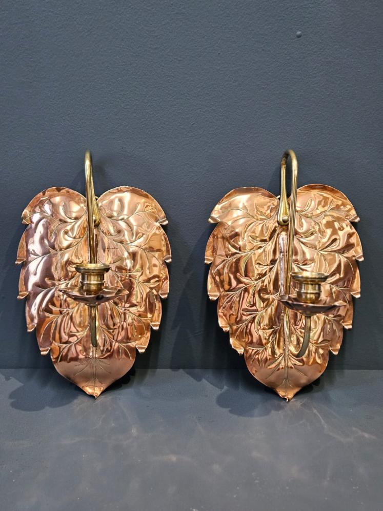 Matching Pair of Art Nouveau Copper and Brass Wall Sconces - Image 1