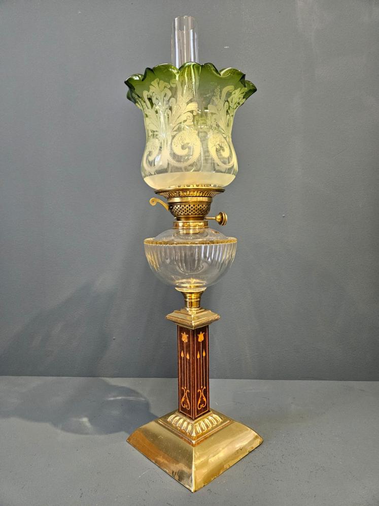 Late Victorian Art Nouveau Inlaid Column Oil Lamp - Image 6