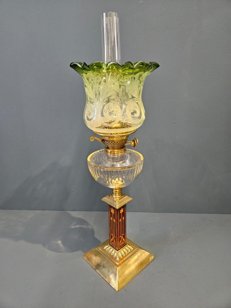 Late Victorian Art Nouveau Inlaid Column Oil Lamp - Image 5