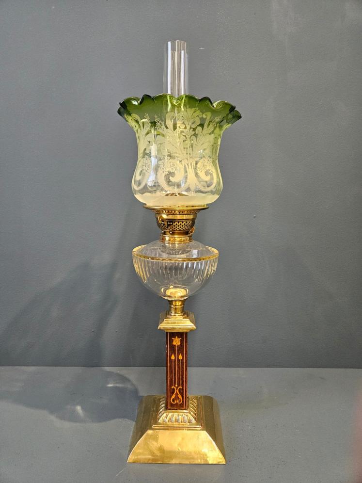 Late Victorian Art Nouveau Inlaid Column Oil Lamp - Image 1