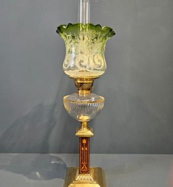Late Victorian Art Nouveau Inlaid Column Oil Lamp - Image