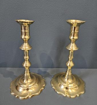 Pair of George III Brass Petal Base Candlesticks - Image