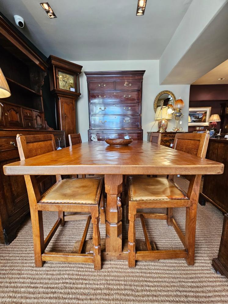 Superb 1950's Thompson of Kilburn Mouseman Dining Table and Chairs - Image 2
