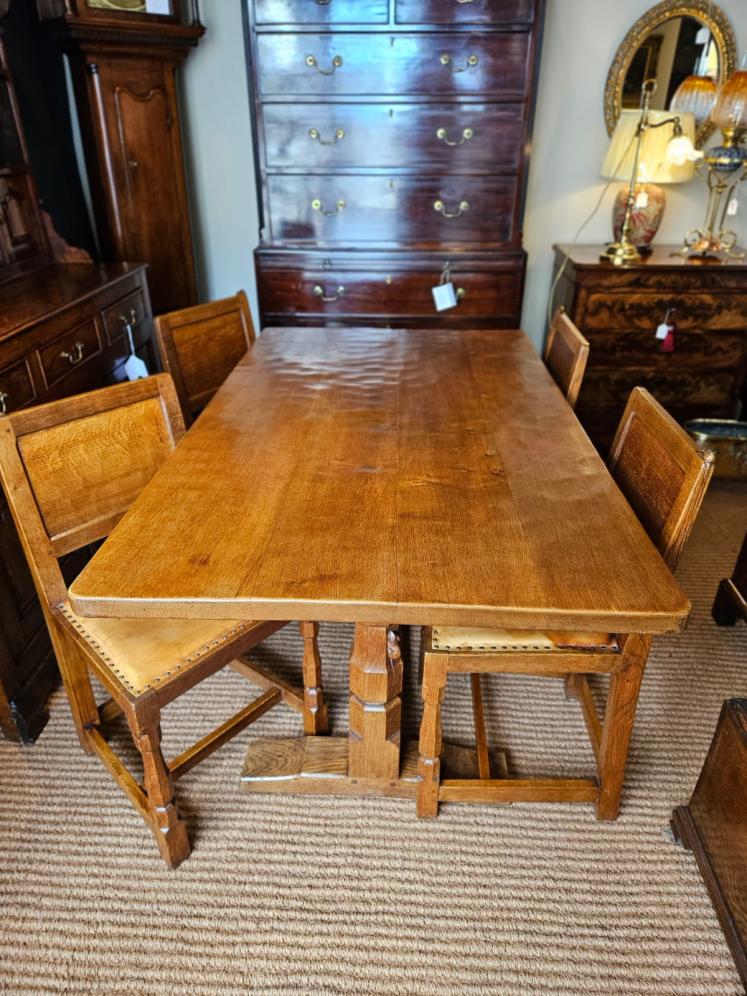 Superb 1950's Thompson of Kilburn Mouseman Dining Table and Chairs - Image 1