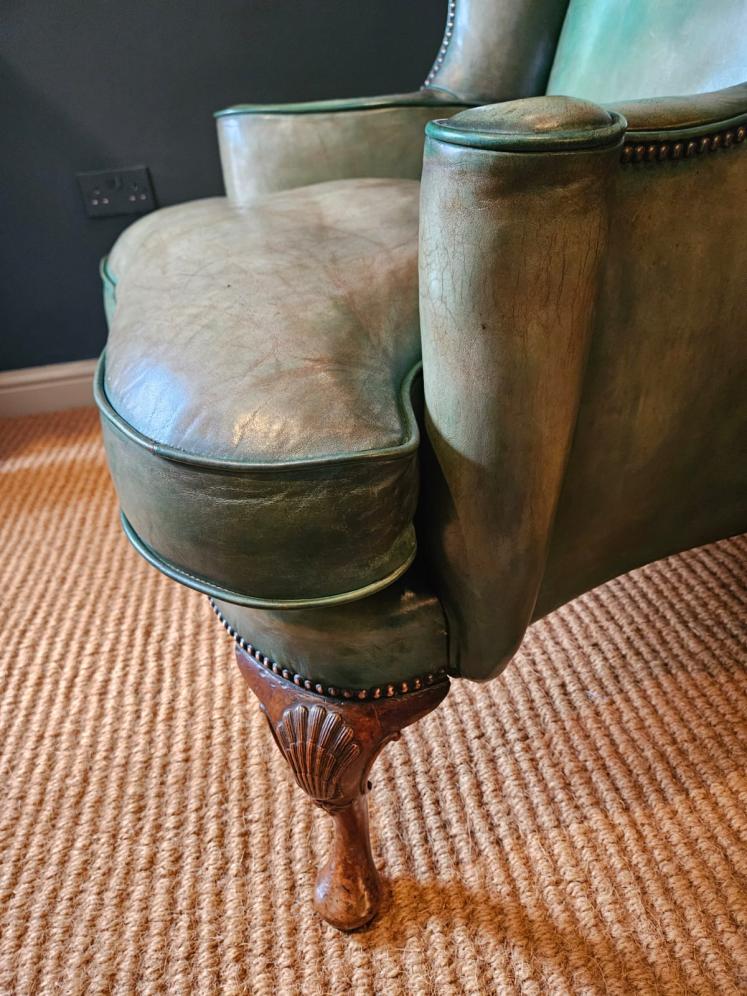 George III Walnut Cabriole Leg Leather Wing Back Arm Chair - Image 7