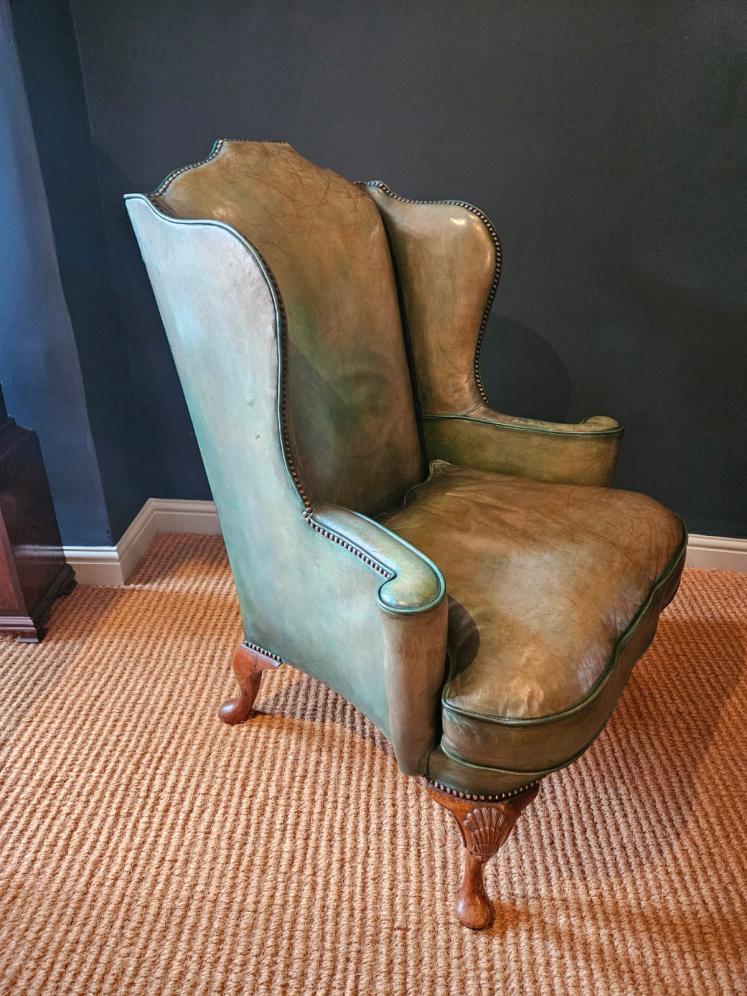 George III Walnut Cabriole Leg Leather Wing Back Arm Chair - Image 6