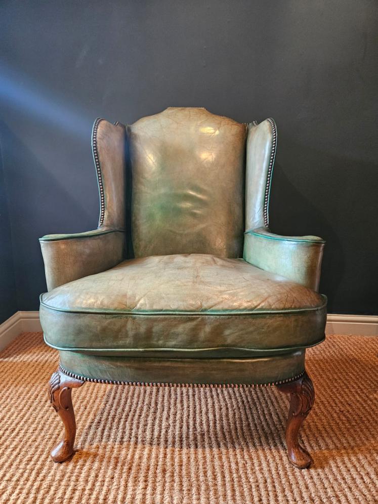 George III Walnut Cabriole Leg Leather Wing Back Arm Chair - Image 4