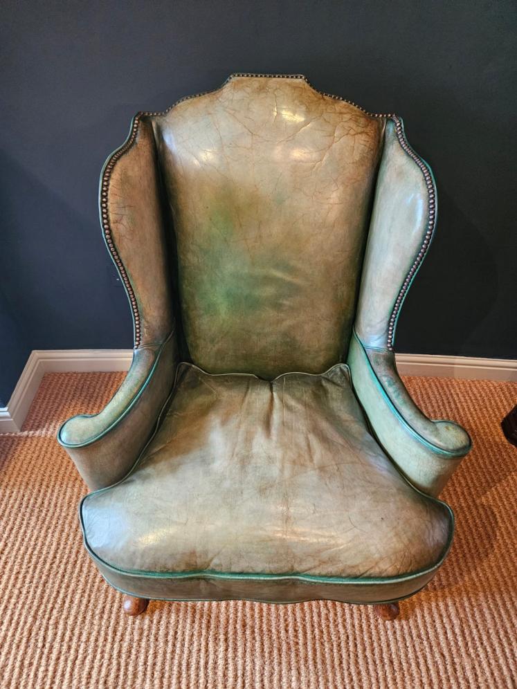 George III Walnut Cabriole Leg Leather Wing Back Arm Chair - Image 3