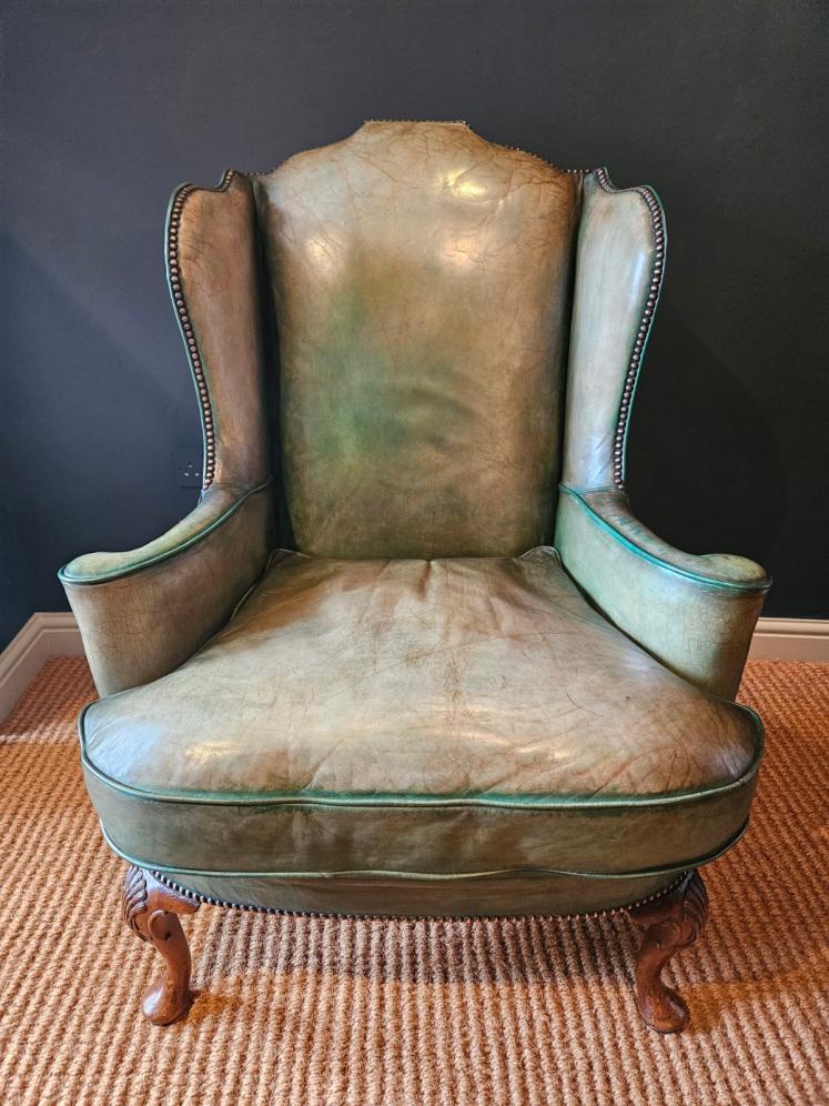George III Walnut Cabriole Leg Leather Wing Back Arm Chair - Image 2
