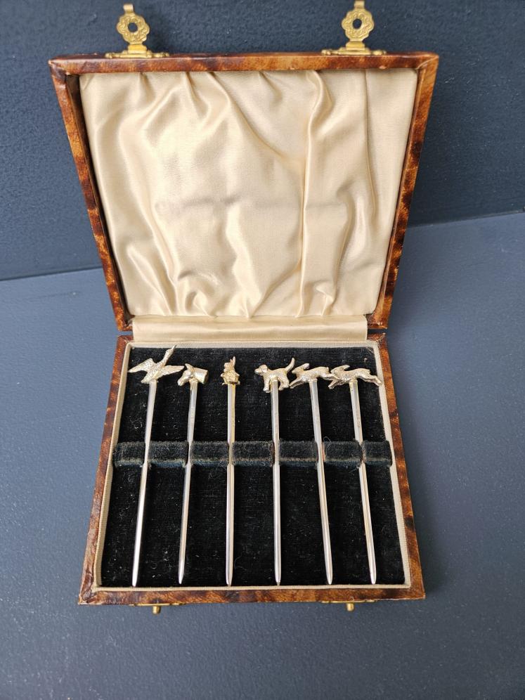 Set of George V Cast Silver Animal Top Cocktail Sticks - Image 1