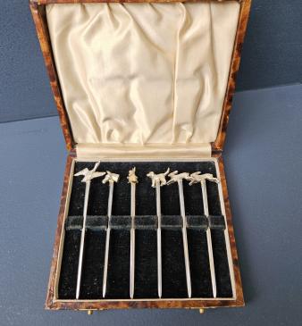 Set of George V Cast Silver Animal Top Cocktail Sticks - Image