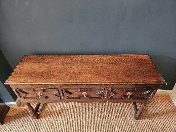 George I Oak Geometric Moulded Three Drawer Dresser - Image 8